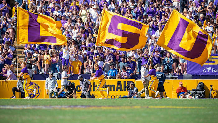 LSU flags fly at the Tigers' game vs. Florida